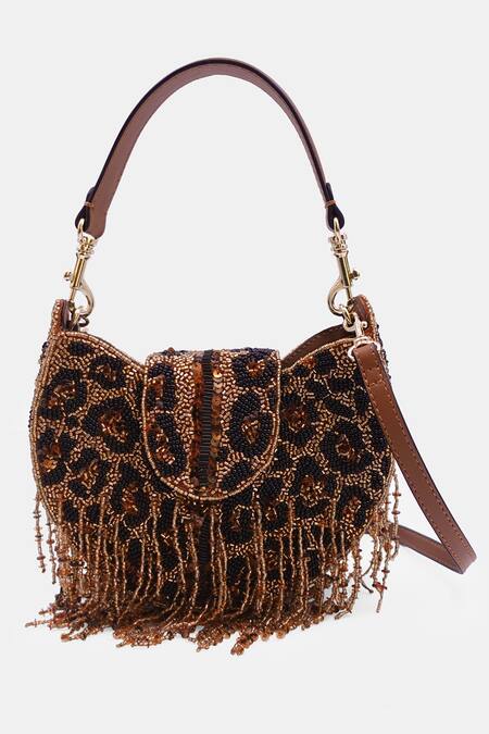 Versuhz Brown 3d Bead Leopard Fringe Embellished Crossbody Sling Bag Online at Aza Fashions Versuhz_Brown 3d Bead Leopard Fringe Embellished Crossbody Sling Bag_Online_at_Aza_Fashions