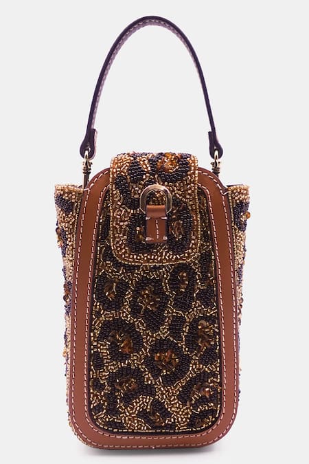 Shop_Versuhz_Brown Bead Embellished Waist Belt Bag _at_Aza_Fashions