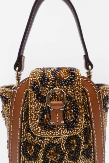 Versuhz_Brown Bead Embellished Waist Belt Bag _Online_at_Aza_Fashions