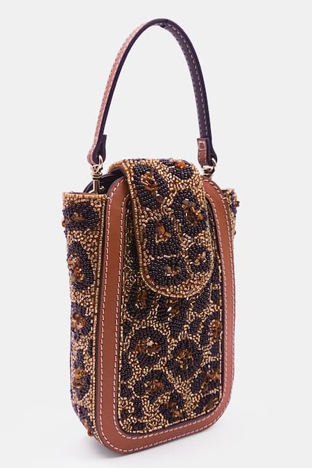 Versuhz_Brown Bead Embellished Waist Belt Bag _at_Aza_Fashions