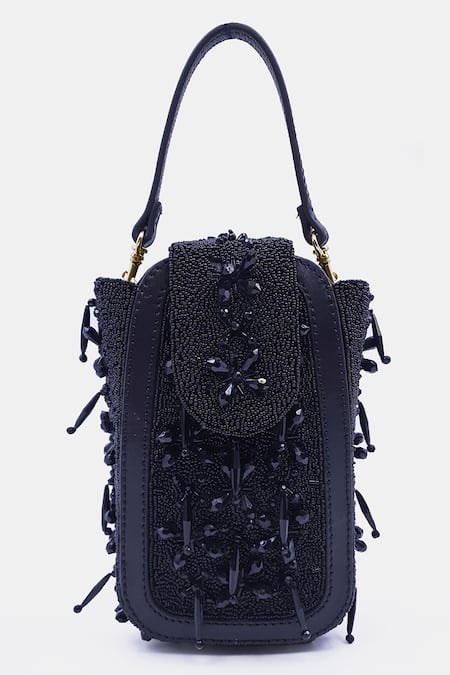 Versuhz_Black Bead Geometric Dangling Hand Embroidered Belt Bag _Online_at_Aza_Fashions