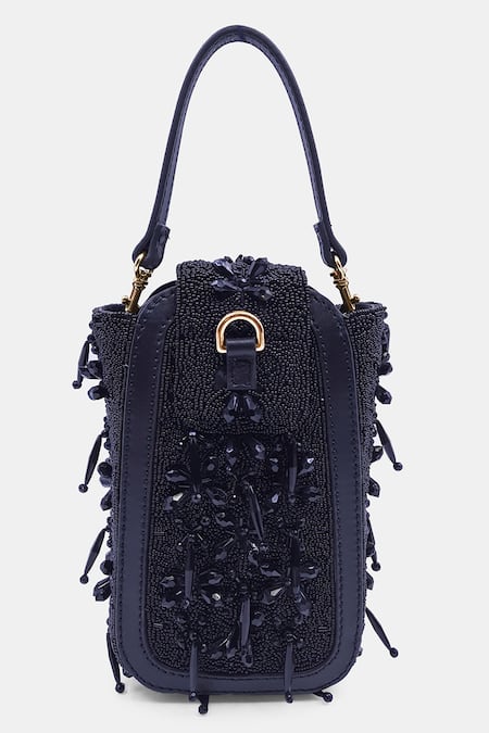 Versuhz_Black Bead Geometric Dangling Hand Embroidered Belt Bag _at_Aza_Fashions
