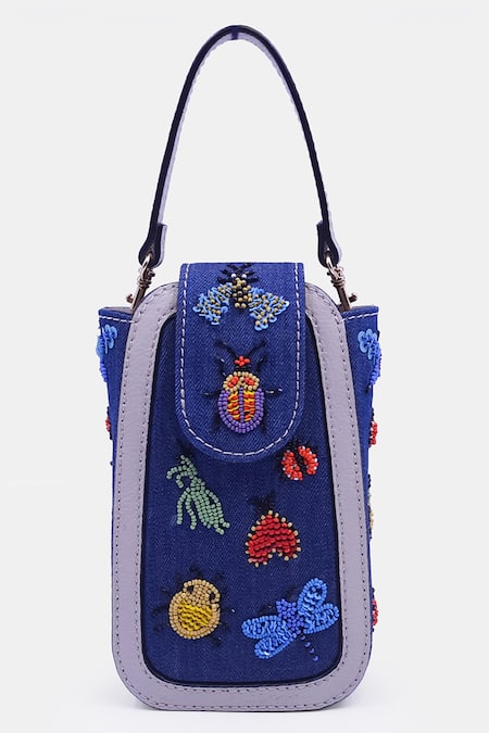 Shop_Versuhz_Blue Bead Insect Embellished Denim Waist Belt Bag _at_Aza_Fashions