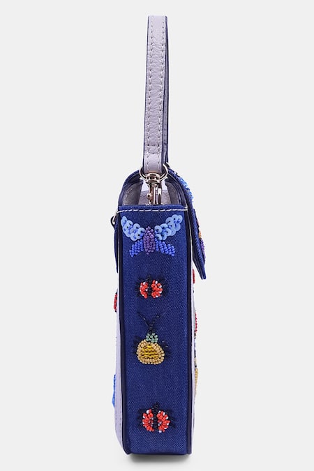 Versuhz_Blue Bead Insect Embellished Denim Waist Belt Bag _Online_at_Aza_Fashions