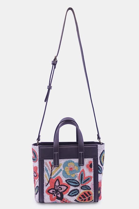 Shop_Versuhz_Black Bead Floral Embellished Tote Bag _at_Aza_Fashions