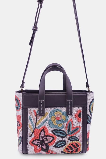Versuhz_Black Bead Floral Embellished Tote Bag _Online_at_Aza_Fashions