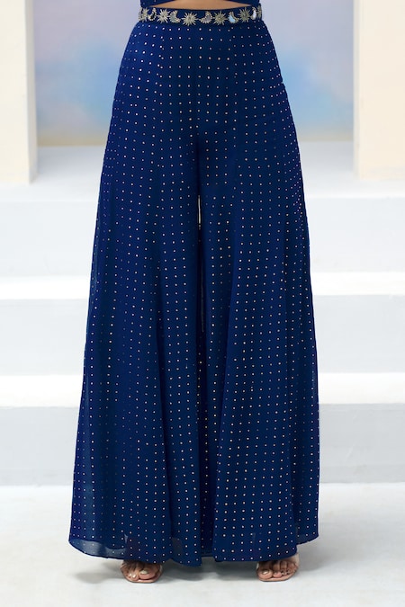 Buy_Silky Bindra X AZA_Blue Net, Georgette, Satin Embroidery Alkina Stars And Moon Blouse Palazzo Set _Online_at_Aza_Fashions