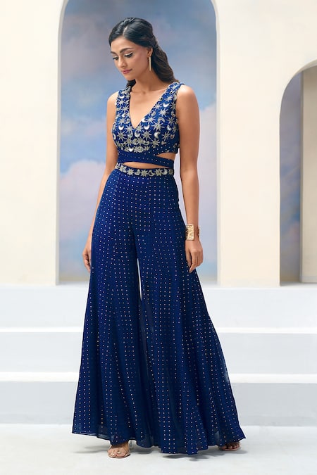 Shop_Silky Bindra X AZA_Blue Net, Georgette, Satin Embroidery Alkina Stars And Moon Blouse Palazzo Set _Online_at_Aza_Fashions