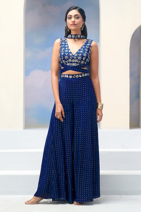 Buy_Silky Bindra X AZA_Blue Net, Georgette, Satin Embroidery Alkina Stars And Moon Blouse Palazzo Set 