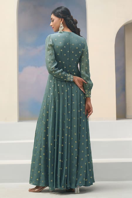 Silky Bindra X AZA_Blue Net, Georgette Embroidery Round Neck Teal Floral Anarkali Set _Online_at_Aza_Fashions