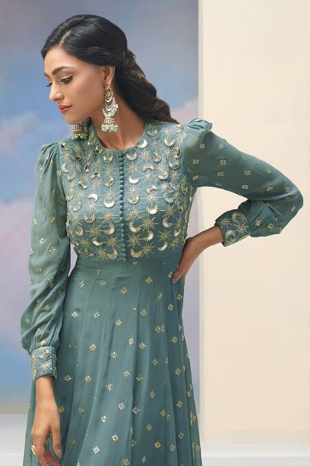 Shop_Silky Bindra X AZA_Blue Net, Georgette Embroidery Round Neck Teal Floral Anarkali Set _Online_at_Aza_Fashions