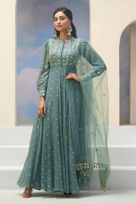 Silky Bindra X AZA_Blue Net, Georgette Embroidery Round Neck Teal Floral Anarkali Set _at_Aza_Fashions