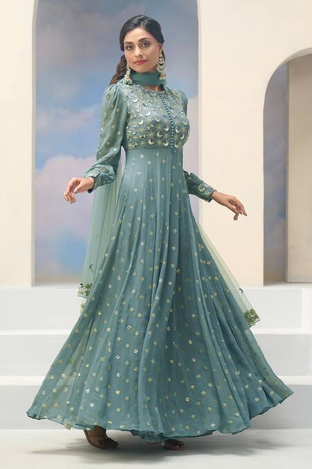 Buy_Silky Bindra X AZA_Blue Net, Georgette Embroidery Round Neck Teal Floral Anarkali Set 