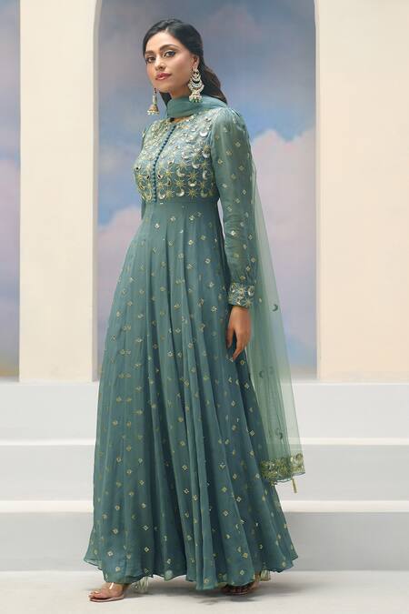 Shop_Silky Bindra X AZA_Blue Net, Georgette Embroidery Round Neck Teal Floral Anarkali Set 
