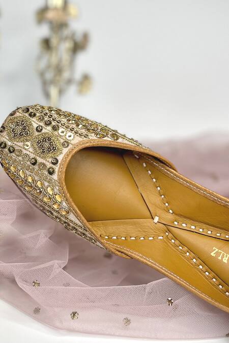 Pixie Pearlz_Rose Gold Biba Embellished Juttis _Online_at_Aza_Fashions