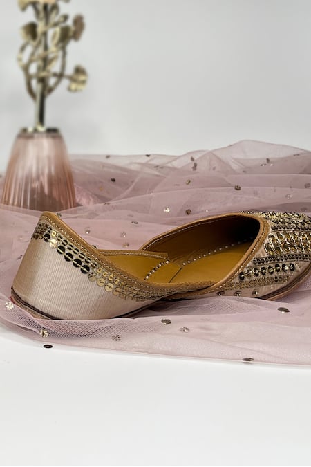 Shop_Pixie Pearlz_Rose Gold Biba Embellished Juttis _Online_at_Aza_Fashions