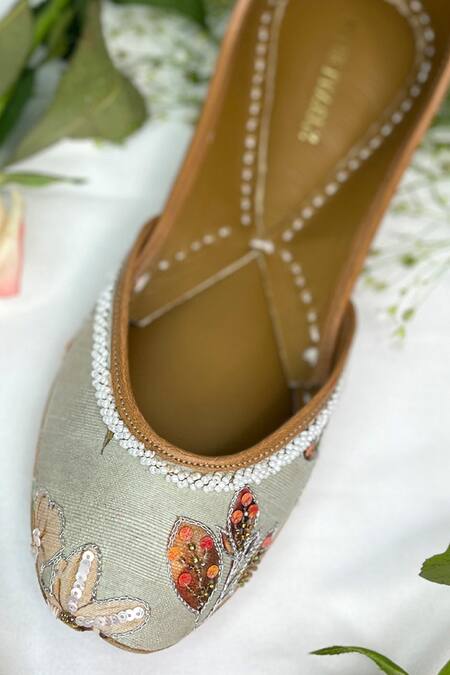 Shop_Pixie Pearlz_Blue Flora Pattern Juttis _Online_at_Aza_Fashions