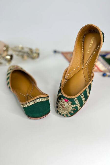 Shop_Pixie Pearlz_Emerald Green Morbagh Embellished Juttis _Online_at_Aza_Fashions
