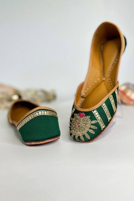 Pixie Pearlz_Emerald Green Morbagh Embellished Juttis _at_Aza_Fashions