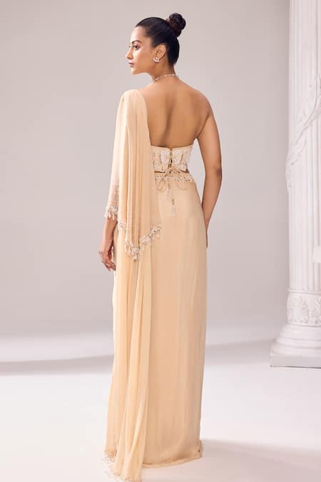 Jade By Ashima Embroidered Asymmetric Draped Saree With Blouse 