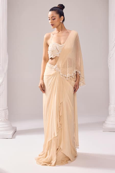 Jade By Ashima_Beige Organza, Crepe Beads, Embroidered Asymmetric Draped Saree With Blouse _Online_at_Aza_Fashions