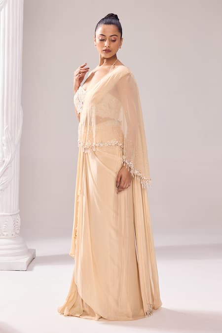Buy_Jade By Ashima_Beige Organza, Crepe Beads, Embroidered Asymmetric Draped Saree With Blouse _Online_at_Aza_Fashions