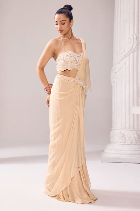 Shop_Jade By Ashima_Beige Organza, Crepe Beads, Embroidered Asymmetric Draped Saree With Blouse _Online_at_Aza_Fashions