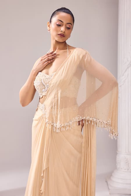 Jade By Ashima_Beige Organza, Crepe Beads, Embroidered Asymmetric Draped Saree With Blouse _at_Aza_Fashions