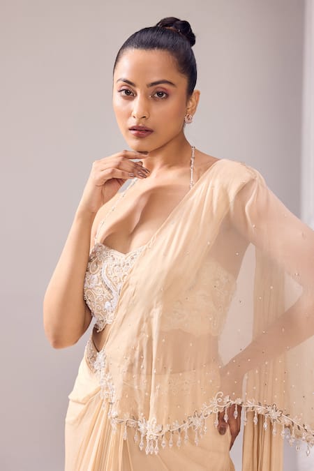 Buy_Jade By Ashima_Beige Organza, Crepe Beads, Embroidered Asymmetric Draped Saree With Blouse 