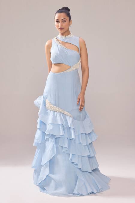 Jade By Ashima_Blue Organza Pearls High Neck Adelia Neckline Embellished Ruffle Gown _Online_at_Aza_Fashions