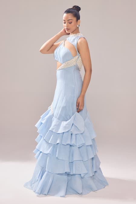 Buy_Jade By Ashima_Blue Organza Pearls High Neck Adelia Neckline Embellished Ruffle Gown _Online_at_Aza_Fashions