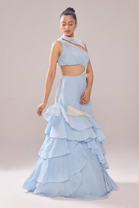 Shop_Jade By Ashima_Blue Organza Pearls High Neck Adelia Neckline Embellished Ruffle Gown _Online_at_Aza_Fashions