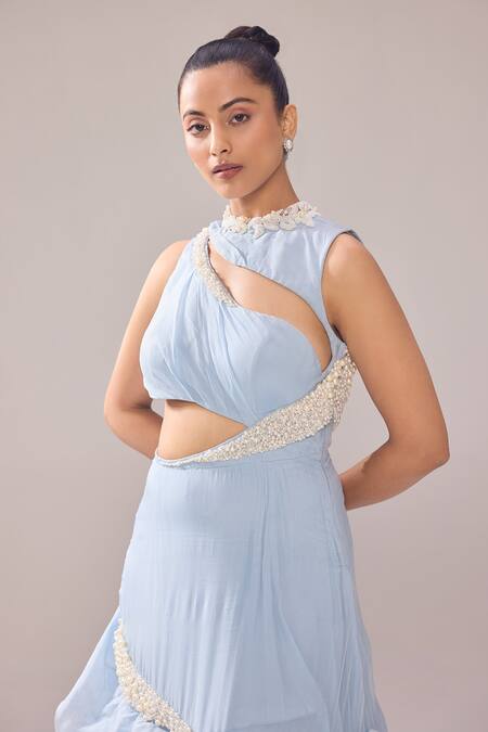 Jade By Ashima_Blue Organza Pearls High Neck Adelia Neckline Embellished Ruffle Gown _at_Aza_Fashions