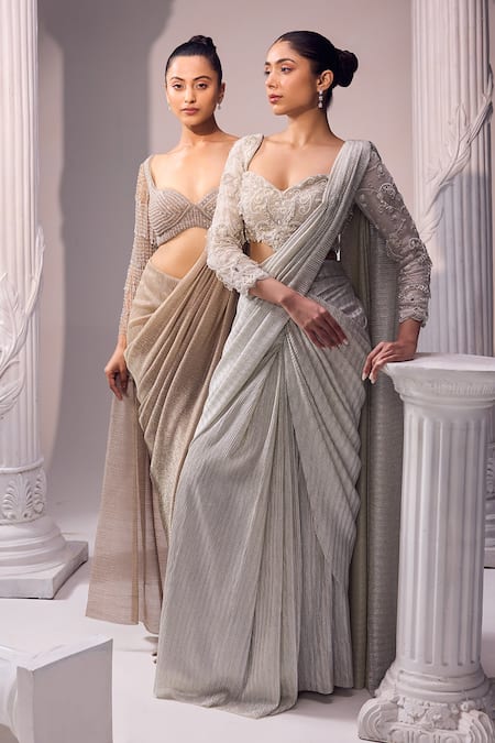 Jade By Ashima_Grey Silk, Organza Crystals, Cut All The Stars Embroidered Saree With Blouse _Online_at_Aza_Fashions