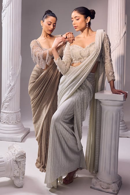 Buy_Jade By Ashima_Grey Silk, Organza Crystals, Cut All The Stars Embroidered Saree With Blouse _Online_at_Aza_Fashions