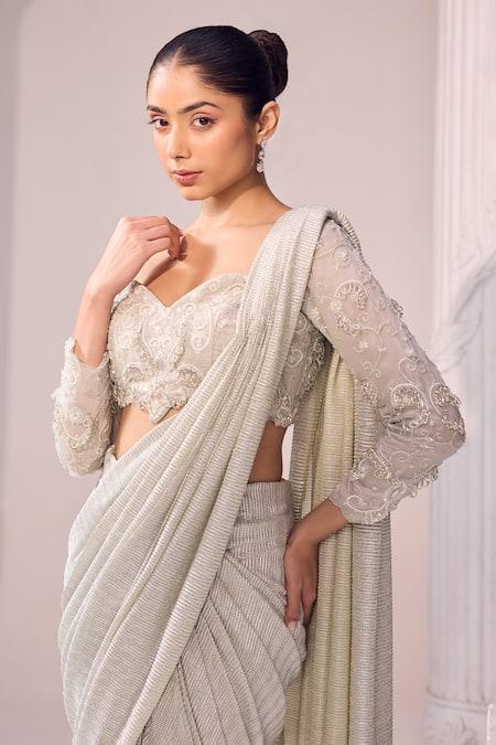 Buy_Jade By Ashima_Grey Silk, Organza Crystals, Cut All The Stars Embroidered Saree With Blouse 