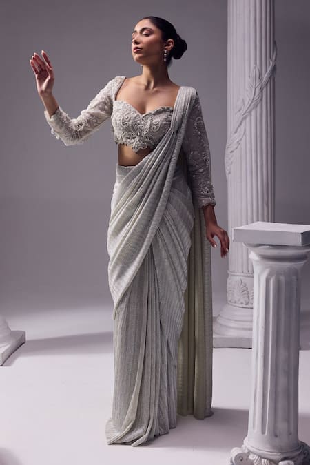 Shop_Jade By Ashima_Grey Silk, Organza Crystals, Cut All The Stars Embroidered Saree With Blouse 