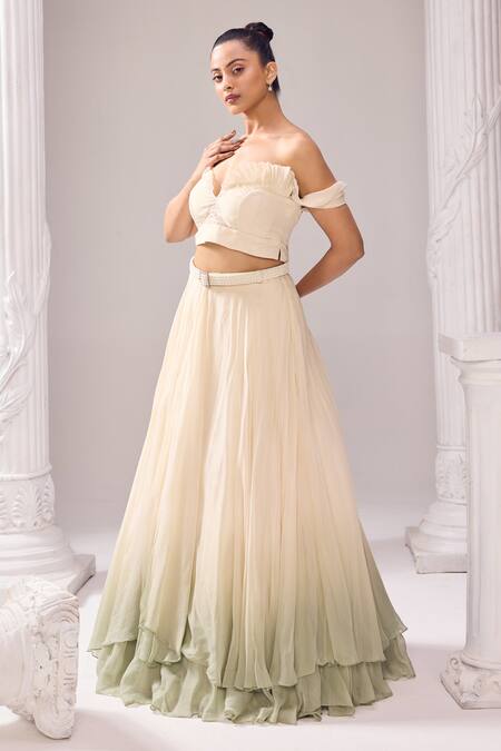 Jade By Ashima_Off White Organza Pearls Sweetheart Neck, Amelia Embellished Jacket Lehenga Set _Online_at_Aza_Fashions