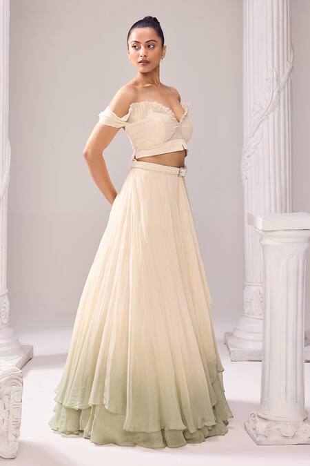 Buy_Jade By Ashima_Off White Organza Pearls Sweetheart Neck, Amelia Embellished Jacket Lehenga Set _Online_at_Aza_Fashions