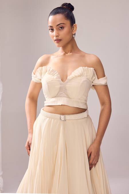 Shop_Jade By Ashima_Off White Organza Pearls Sweetheart Neck, Amelia Embellished Jacket Lehenga Set _Online_at_Aza_Fashions