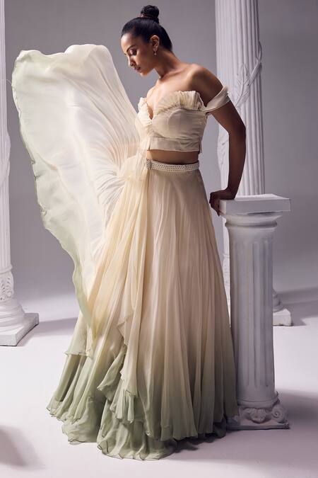 Jade By Ashima_Off White Organza Pearls Sweetheart Neck, Amelia Embellished Jacket Lehenga Set _at_Aza_Fashions