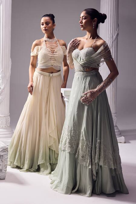 Shop_Jade By Ashima_Off White Organza Pearls Sweetheart Neck, Amelia Embellished Jacket Lehenga Set 