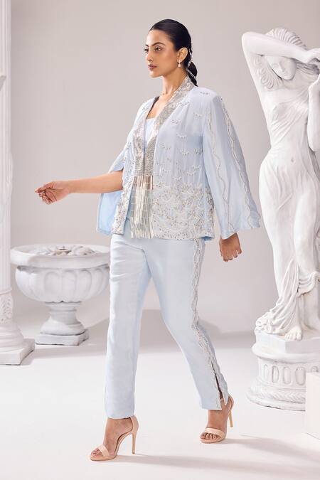 Buy_Jade By Ashima_Blue Oxford Cut Work, Pearls, Embroidery Open Neck Audrey Jacket And Pant Set _Online_at_Aza_Fashions