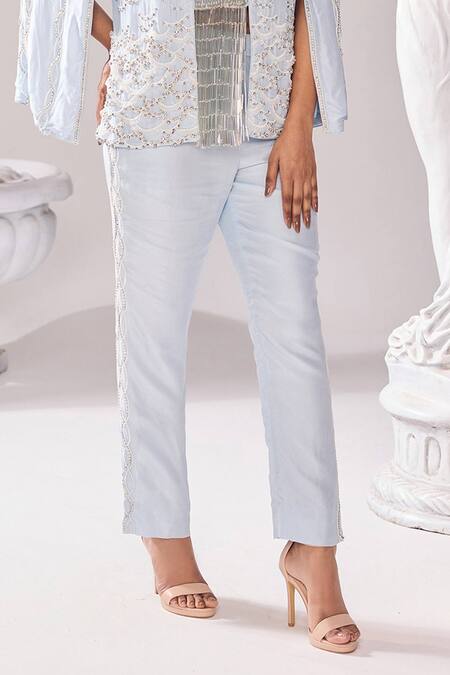 Shop_Jade By Ashima_Blue Oxford Cut Work, Pearls, Embroidery Open Neck Audrey Jacket And Pant Set _Online_at_Aza_Fashions