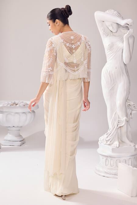 Buy Off White Pre-draped Saree And Blouse Organza Audrey Set With Jacket  For Women by Jade By Ashima Online at Aza Fashions.