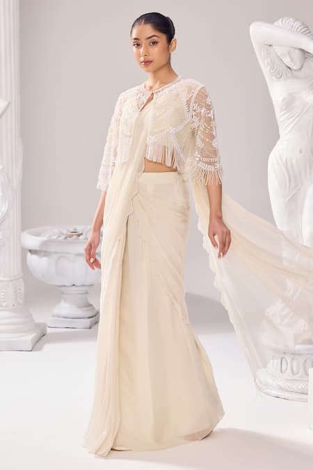 Jade By Ashima_Off White Organza, Net Pearls, Beads, Audrey Pre-draped Saree Set With Jacket _Online_at_Aza_Fashions