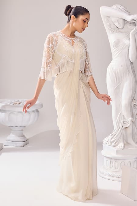 Buy_Jade By Ashima_Off White Organza, Net Pearls, Beads, Audrey Pre-draped Saree Set With Jacket _Online_at_Aza_Fashions