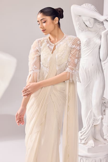 Shop_Jade By Ashima_Off White Organza, Net Pearls, Beads, Audrey Pre-draped Saree Set With Jacket _Online_at_Aza_Fashions