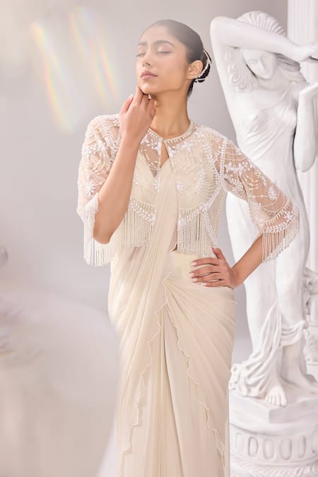 Buy_Jade By Ashima_Off White Organza, Net Pearls, Beads, Audrey Pre-draped Saree Set With Jacket 