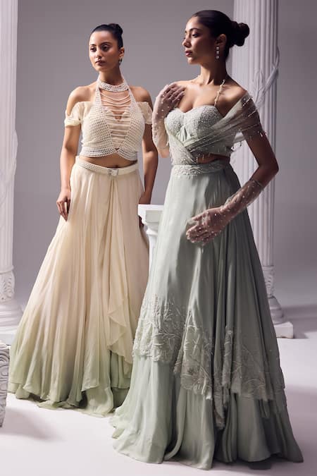 Buy_Jade By Ashima_Green Oxford, Net Pearls, Cut Work Austin Layered Embroidered Draped Lehenga Set _Online_at_Aza_Fashions